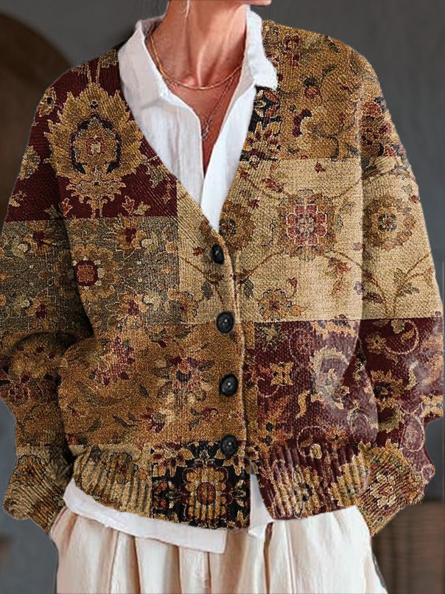 Vintage Ethnic Geometric Floral Painting Art Print Buttoned V-neck Cardigan Sweater
