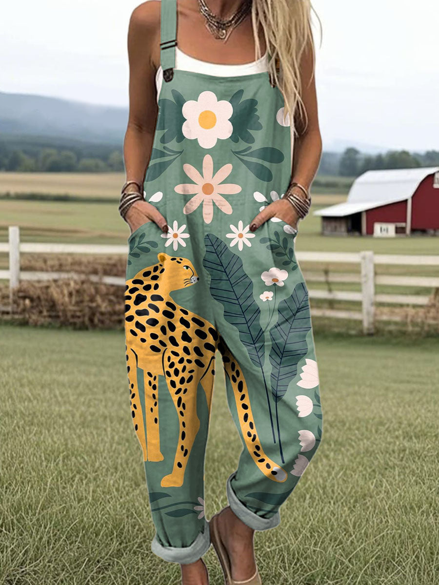 Women's Leopard Floral Pattern Art Print Casual 100% Cotton Wide Leg Jumpsuit