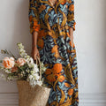 Women's Vintage Flower Art Print Linen Pocket Dress