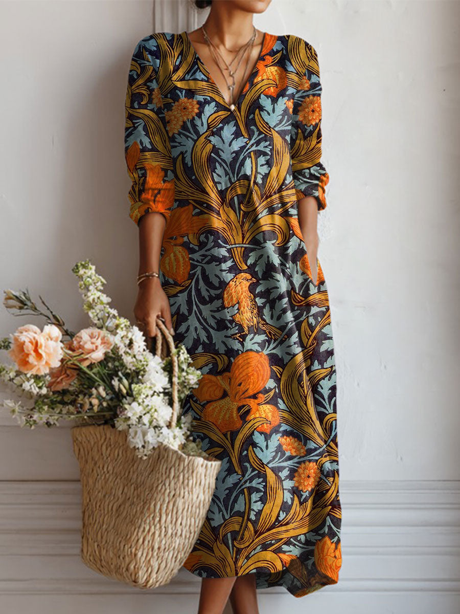 Women's Vintage Flower Art Print Linen Pocket Dress