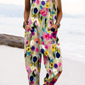 Women's Vintage Floral Art Print Casual 100% Cotton Wide Leg Jumpsuit