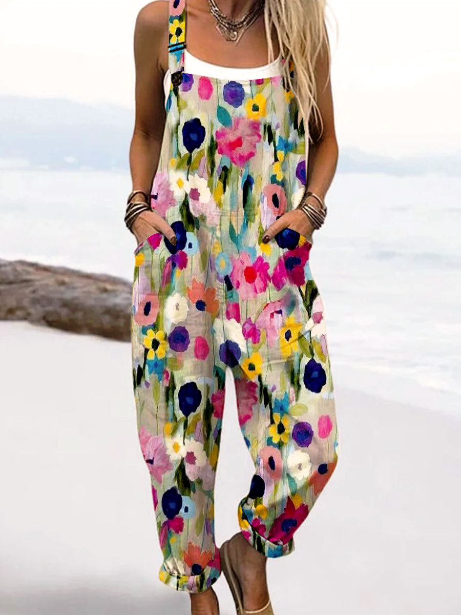 Women's Vintage Floral Art Print Casual 100% Cotton Wide Leg Jumpsuit