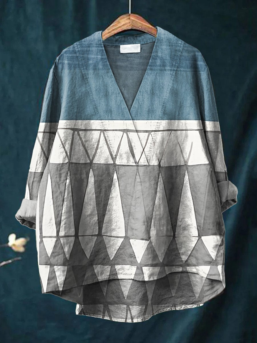 Women's Blue Color-block Pattern Print Casual Cotton And Linen V-neck Shirt