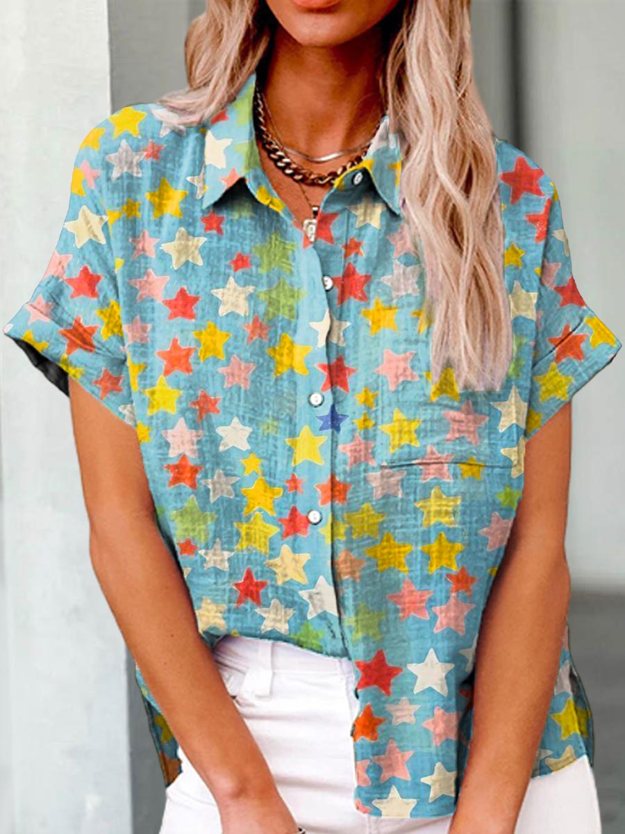 Women's Stars Pattern Art Print Casual Cotton Shirt