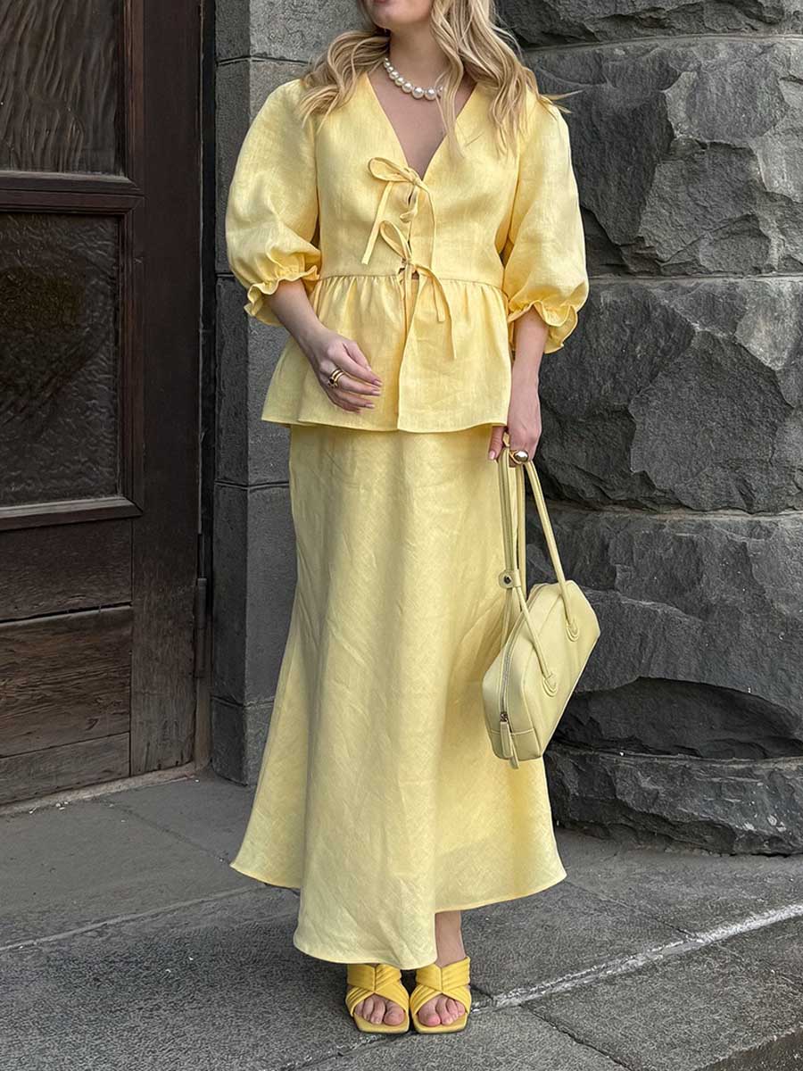 Women's Solid Color Casual Loose Stylish Cotton Ruffled Short Sleeve Top Skirt Set