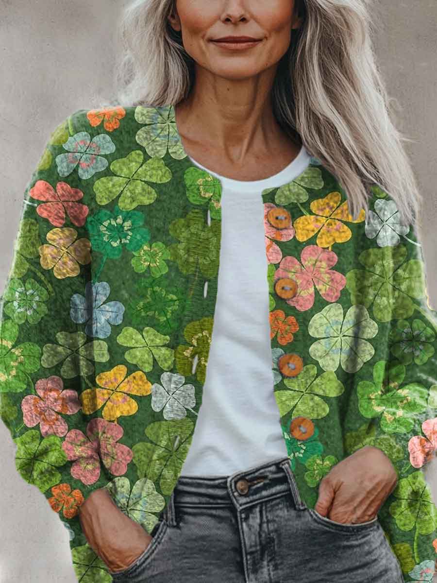 abstract-geometrygreen-four-leaf-clover-art-pattern-print-buttoned-cardigan-sweater