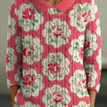 Pull femme vintage à imprimé floral, col Claudine, manches 3/4