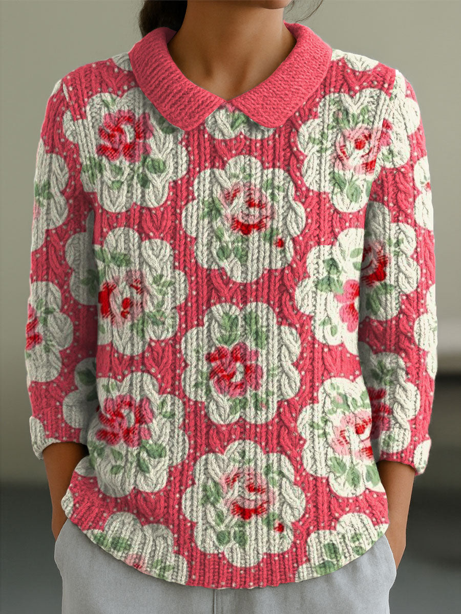 womens-vintage-floral-flower-splicing-art-print-casual-peter-pan-collar-3-4-sleeve-sweater