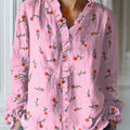 Women's Lovely Floral Pattern Art Print Casual Cotton And Linen Ruffle Shirt