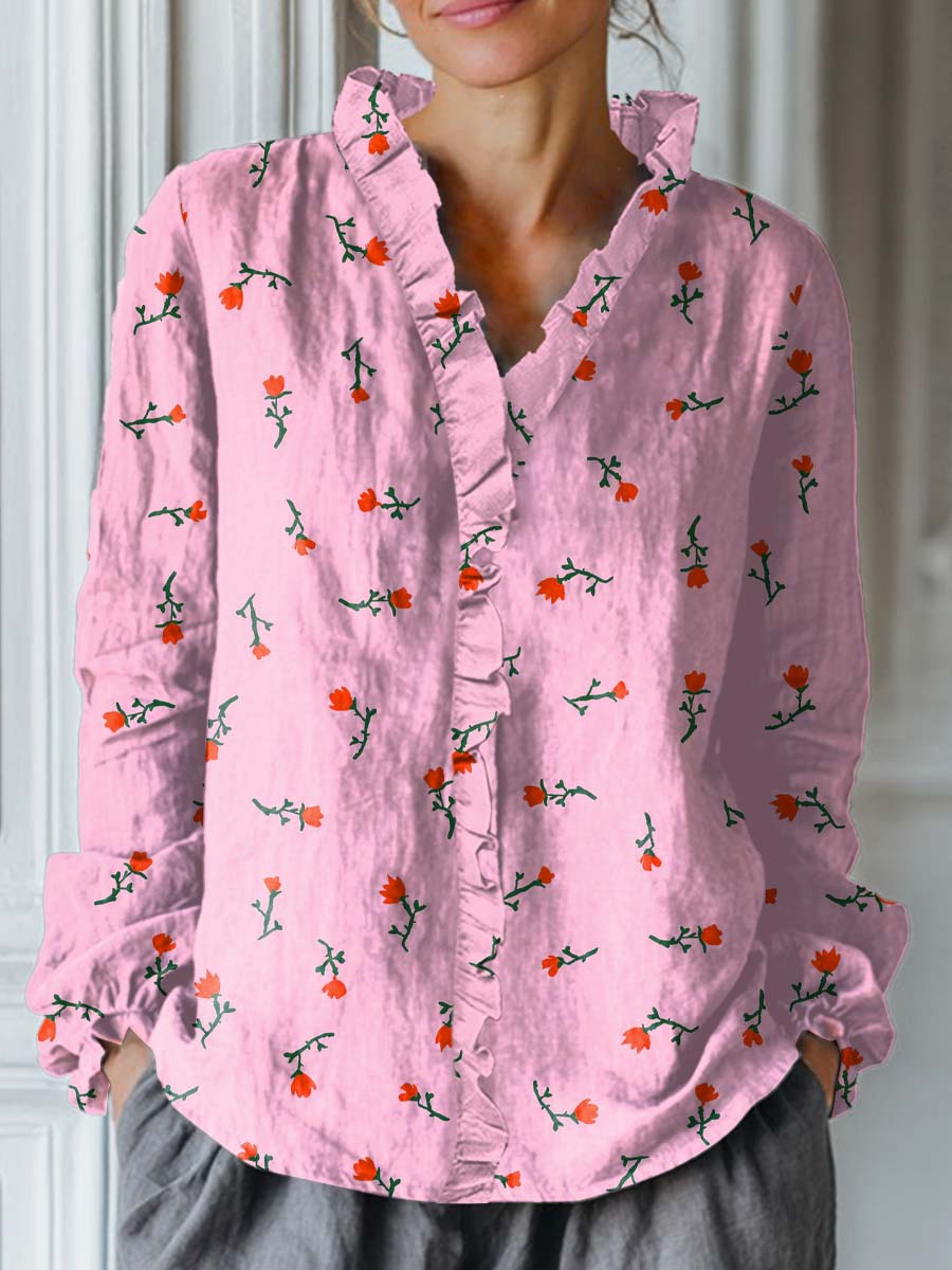 Women's Lovely Floral Pattern Art Print Casual Cotton And Linen Ruffle Shirt