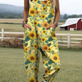 Women's Lovely Sunflower Art Print Casual 100% Cotton Wide Leg Jumpsuit
