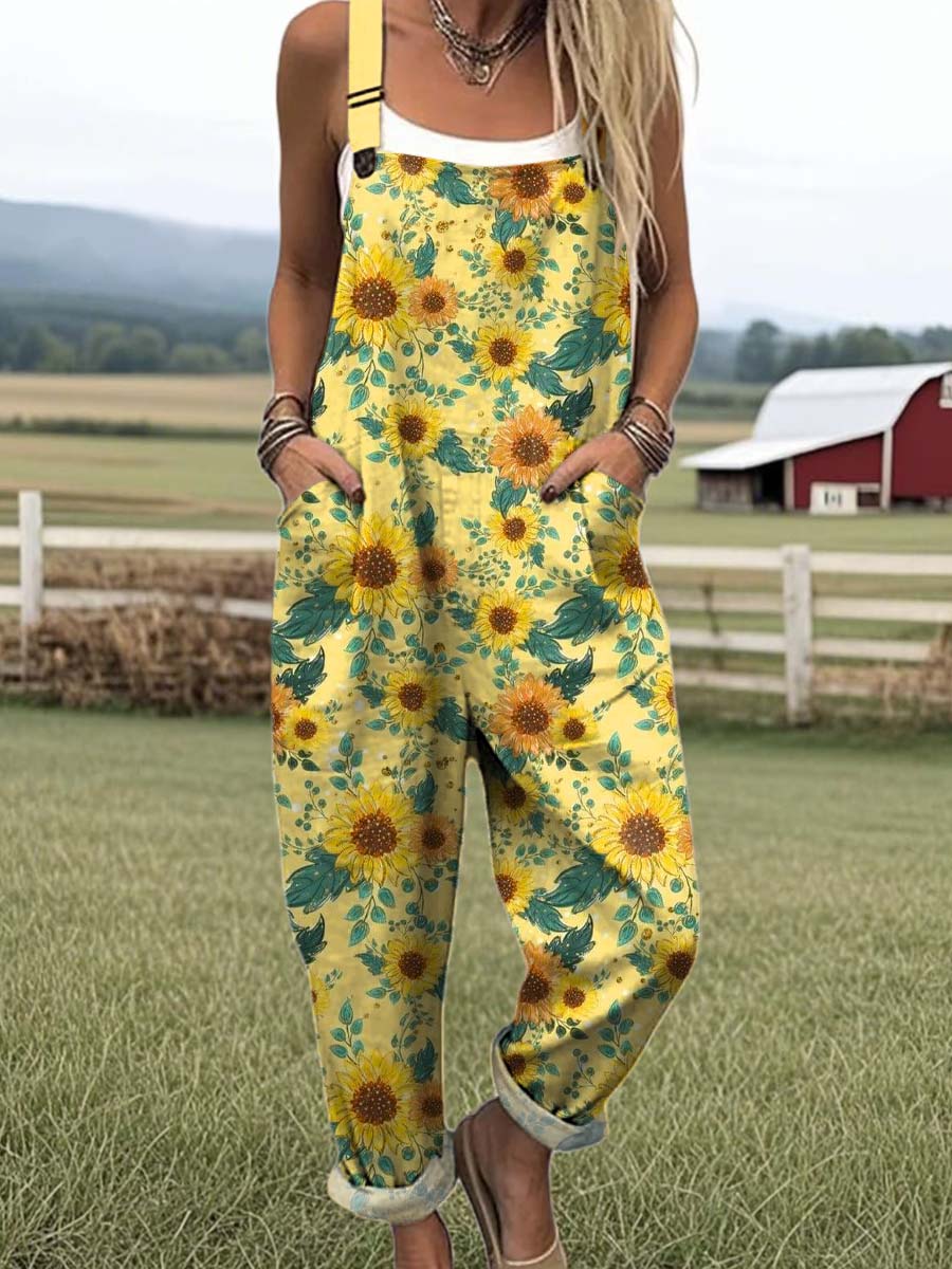 Women's Lovely Sunflower Art Print Casual 100% Cotton Wide Leg Jumpsuit