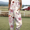 Women's Vintage Flower Art Print Casual 100% Cotton Wide Leg Jumpsuit