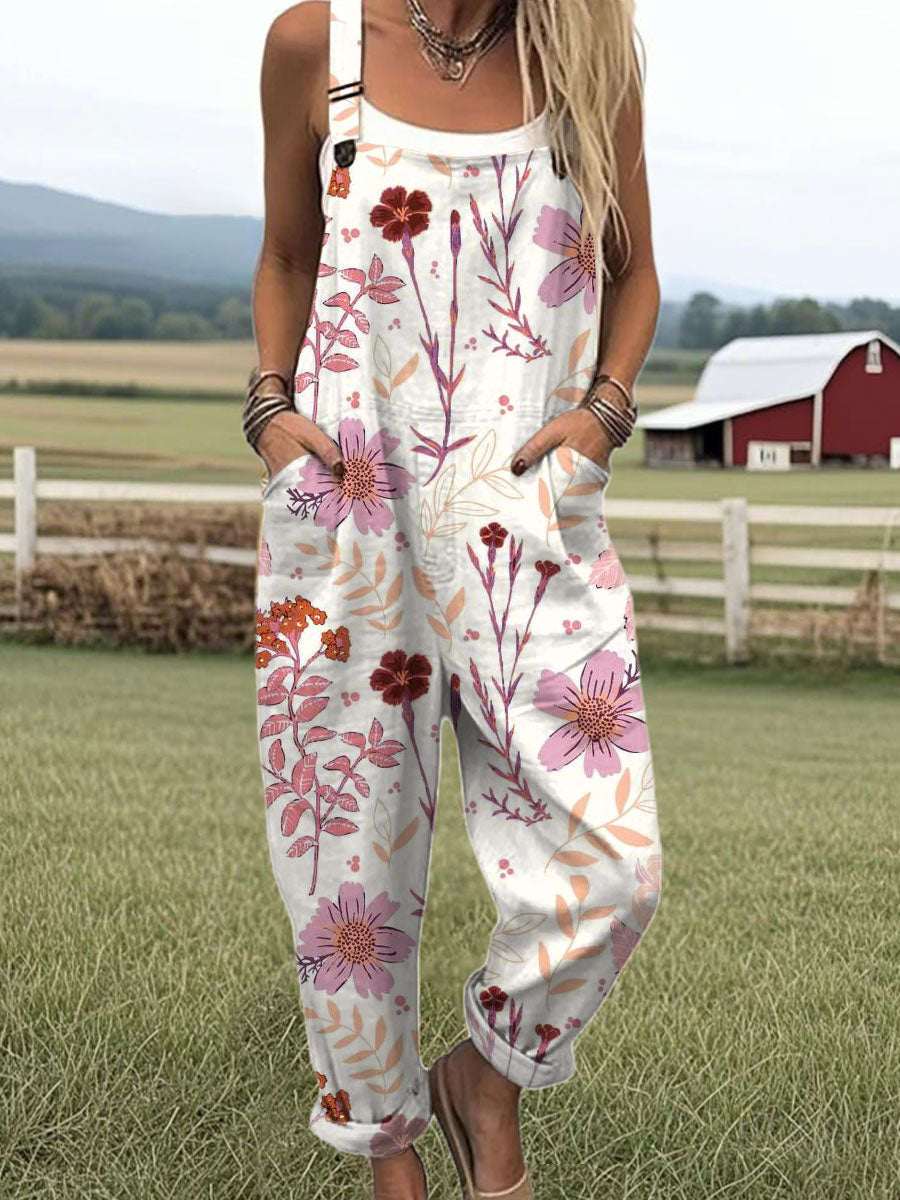 Women's Vintage Flower Art Print Casual 100% Cotton Wide Leg Jumpsuit