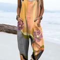 Women's Colorful Abstract Plant Flower Art Print Casual 100% Cotton Wide Leg Jumpsuit