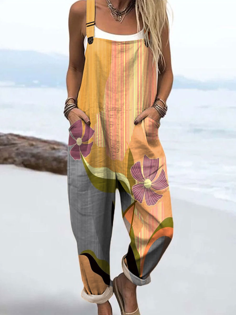 Women's Colorful Abstract Plant Flower Art Print Casual 100% Cotton Wide Leg Jumpsuit