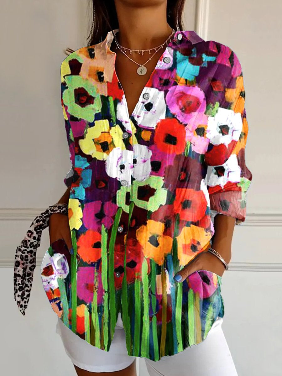 Women's  Flower Art Print Casual Cotton Shirt