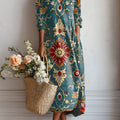 Women's Vintage Flower Art Print Linen Pocket Tunic Dress