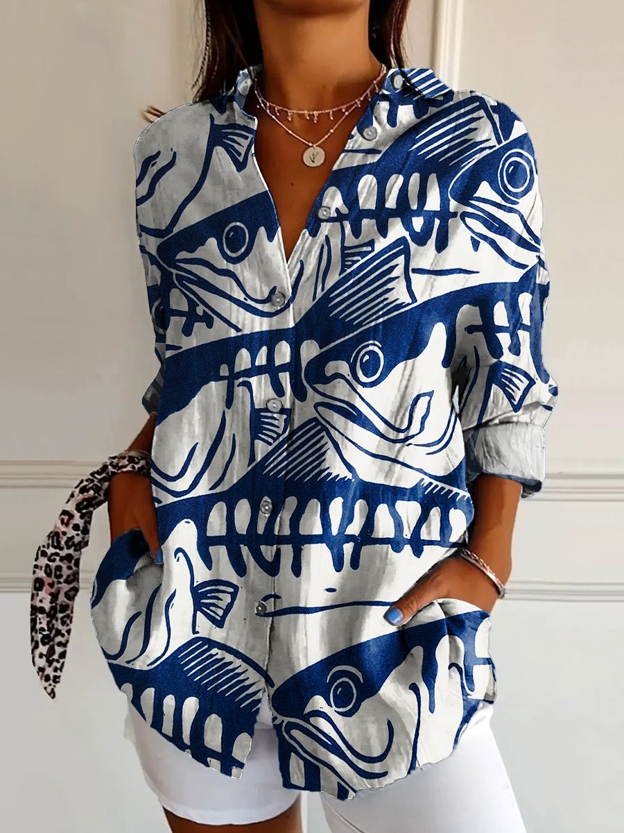 Women's Vintage Fish Art Print Casual Cotton Shirt
