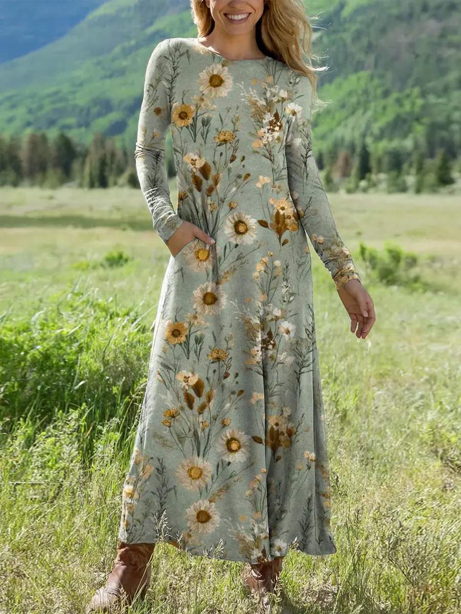 Women's Vintage Floral Art Print Casual Cotton Dress