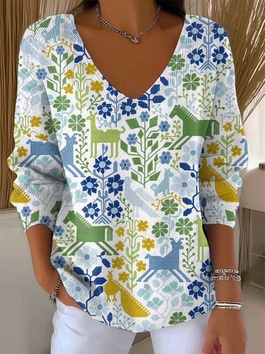 Women's Vintage Christmas  Elk Flower Art Print Casual Pullover Sweater