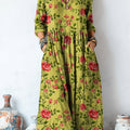 Women's Vintage Floral Art Print Linen Pocket Tunic Dress