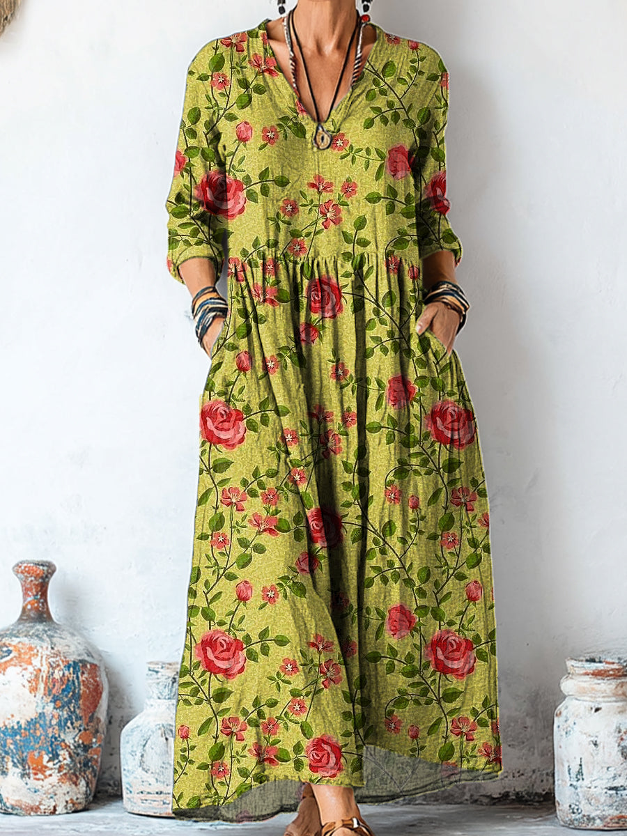 Women's Vintage Floral Art Print Linen Pocket Tunic Dress
