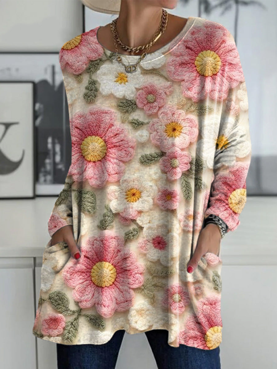 Women's Beautiful Large Flower Painting Art Print Casual Long Sleeve T-shirt