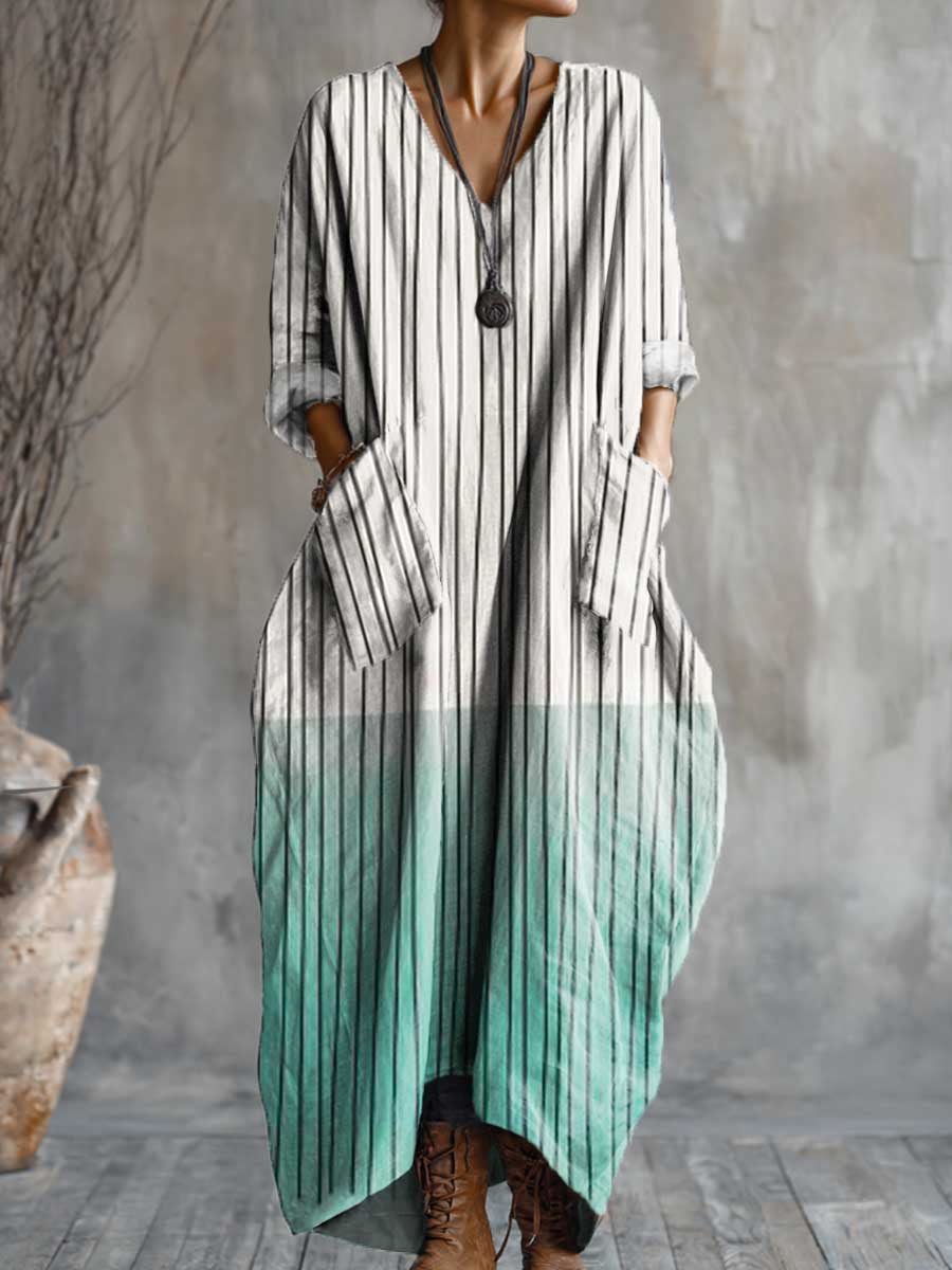 Women's Geometric Art Pattern Print Pocket V-neck Cotton Dress