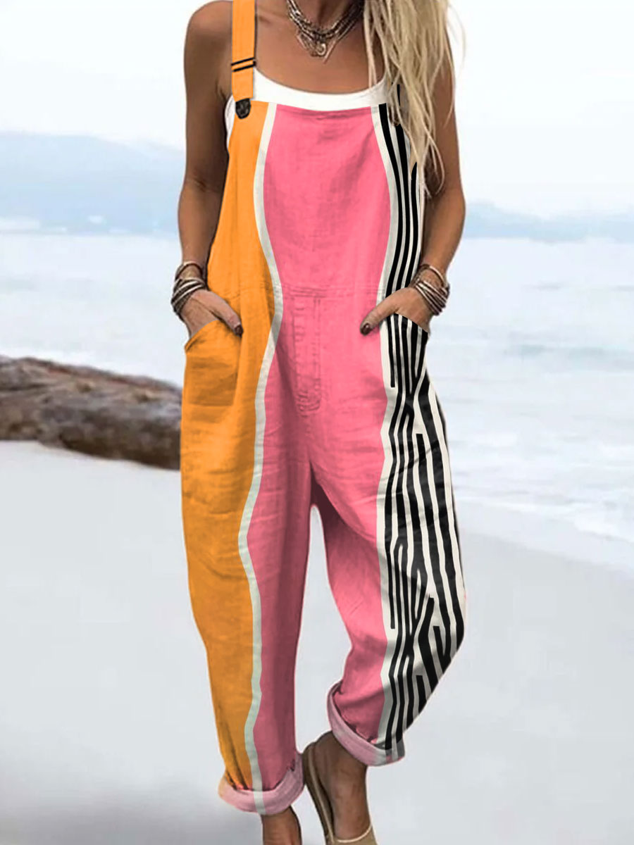 Women's Vintage  Abstract Geometry Art  Print Casual 100% Cotton Wide Leg Jumpsuit