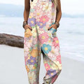 Women's Art Vintage Colourful Floral Print Casual 100% Cotton Wide Leg Jumpsuit