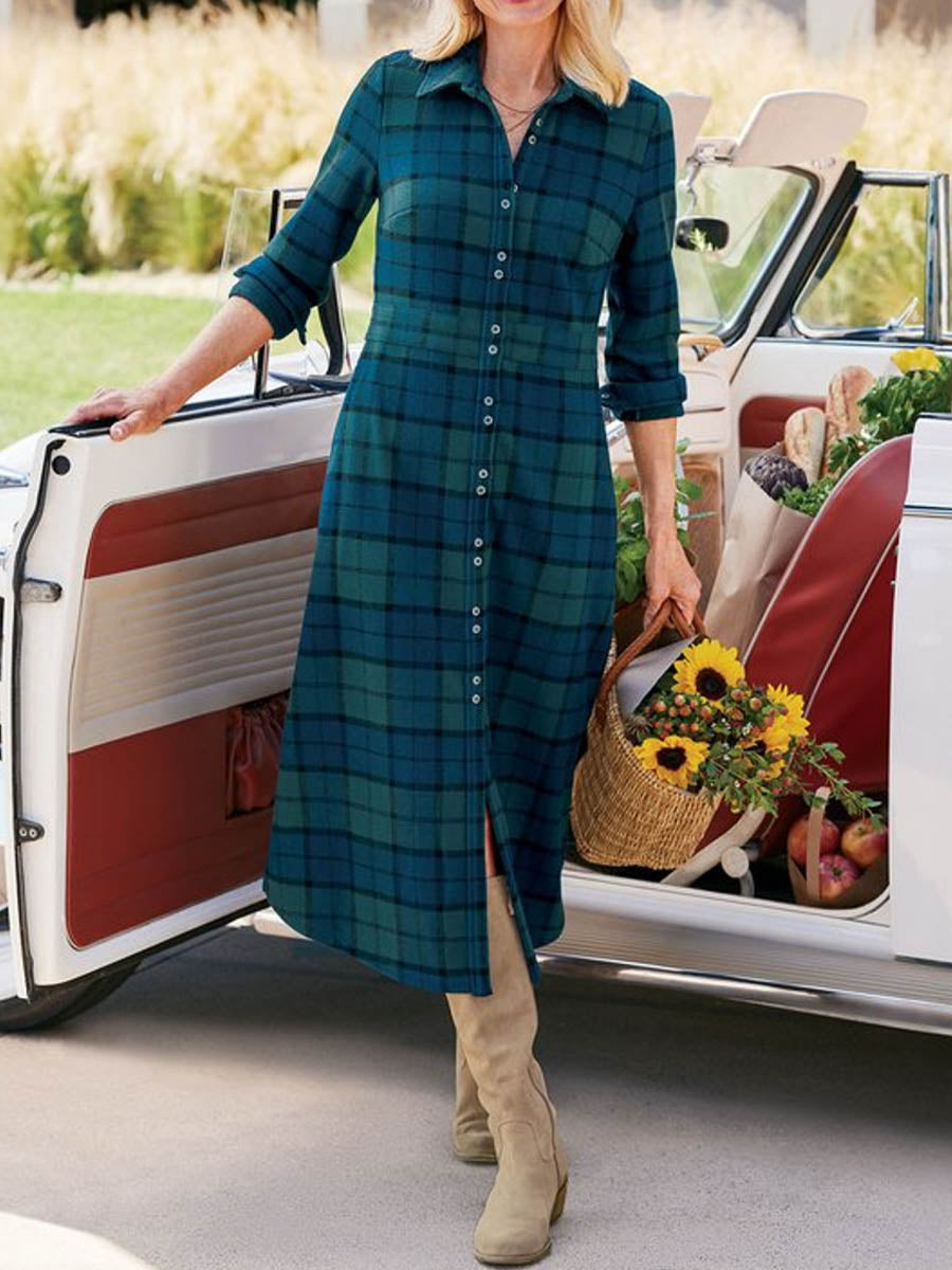 Women's Plaid Print Shirt Collar Long Sleeve Casual Loose Cardigan Dress