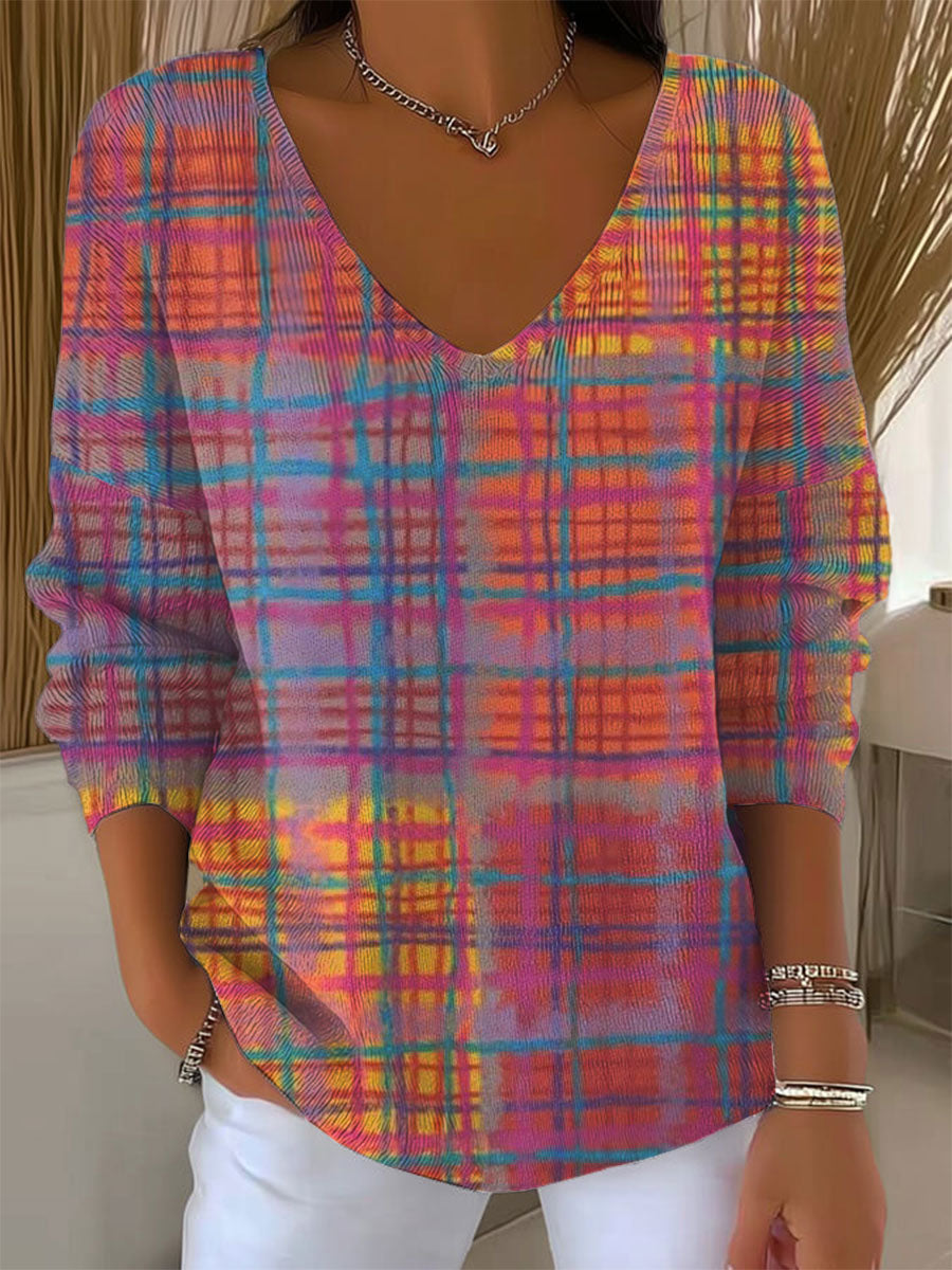 Women's Vintage Abstract Plaid Art Print Casual Pullover Sweater