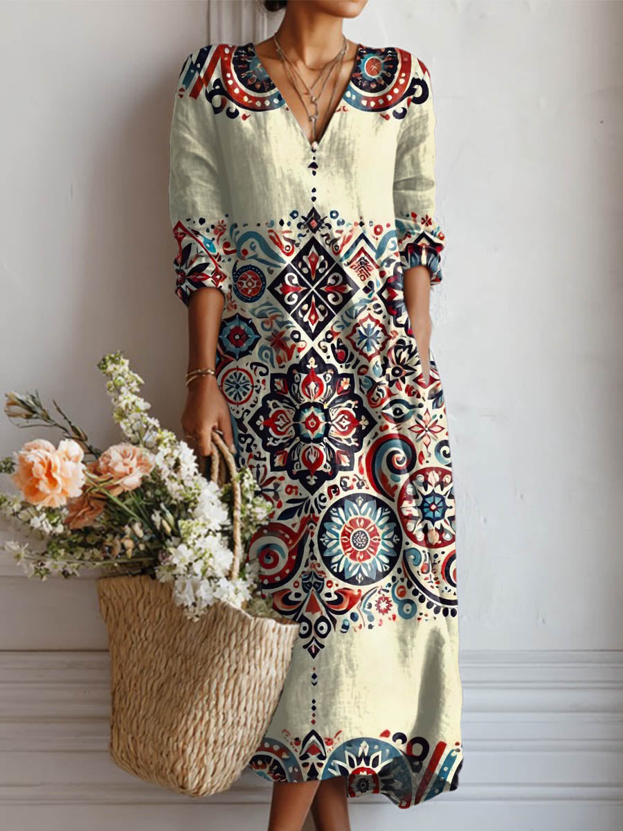 Women's Vintage Floral Pattern Art Print Cotton And Linen Pocket Dress