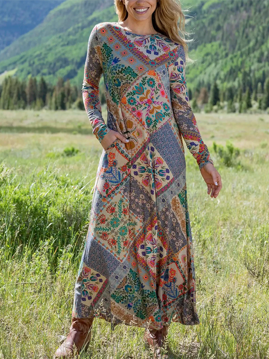 Women's Floral Plaid Patchwork Print Stretch Dress