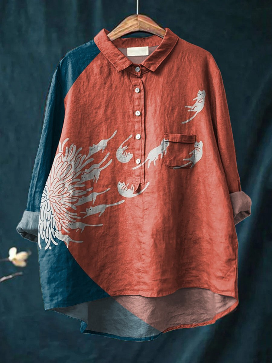 Women's Abstract Creative Dandelion and Cat Art Print Casual Cotton And Linen Shirt