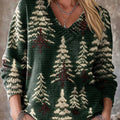 Vintage Winter Christmas Tree Painting Art Print Knit V-neck Pullover Sweater