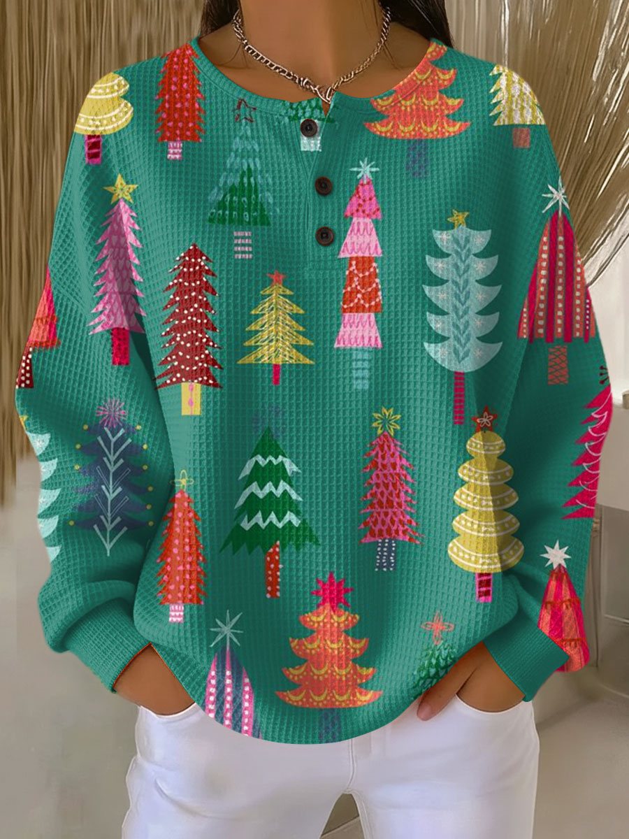 Women's Colorful Christmas Tree Pattern Art Print Casual Waffle Henry Collar Sweatshirt