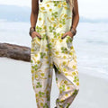 Women's Vintage Floral Art Print Casual 100% Cotton Wide Leg Jumpsuit