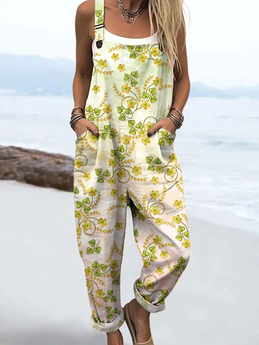 Women's Vintage Floral Art Print Casual 100% Cotton Wide Leg Jumpsuit