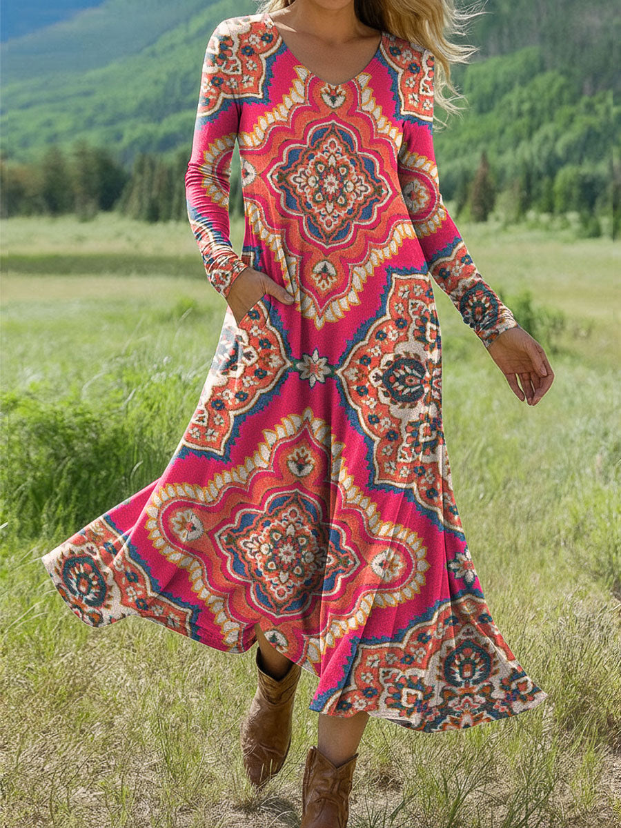 Women's Retro Flowers Pattern Print Art Print Long-sleeved Dress