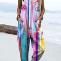 Damen-Jumpsuit mit farbenfrohem, abstraktem Gesichtsmuster, realistischem Kunstdruck, 100 % Baumwolle, weitem Bein 