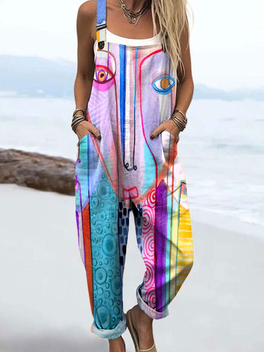 Women's Colorful Abstract Faces Realistic Art Print Casual 100% Cotton Wide Leg Jumpsuit