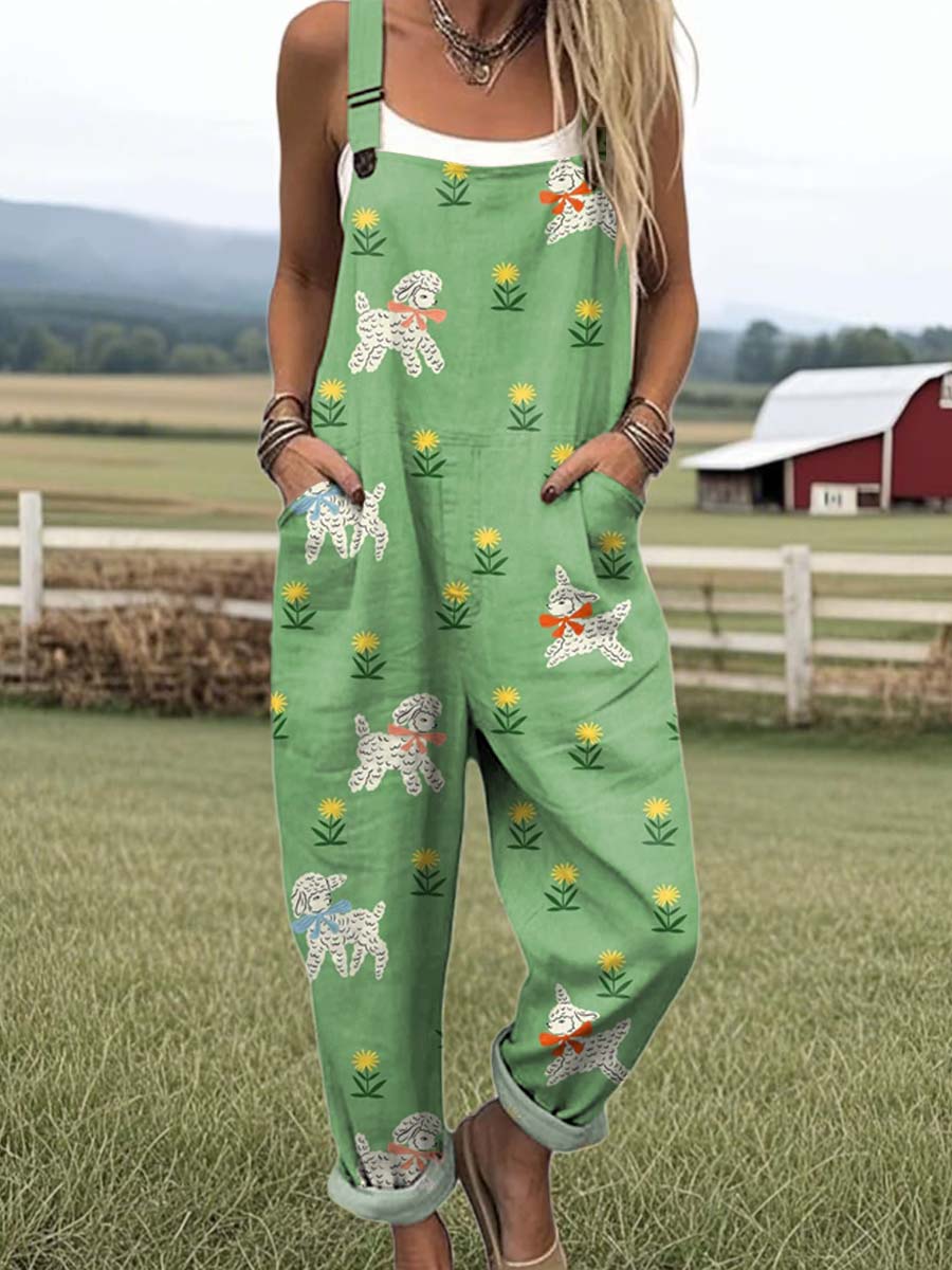 Women's Lovely Sheep Art Print Casual 100% Cotton Wide Leg Jumpsuit