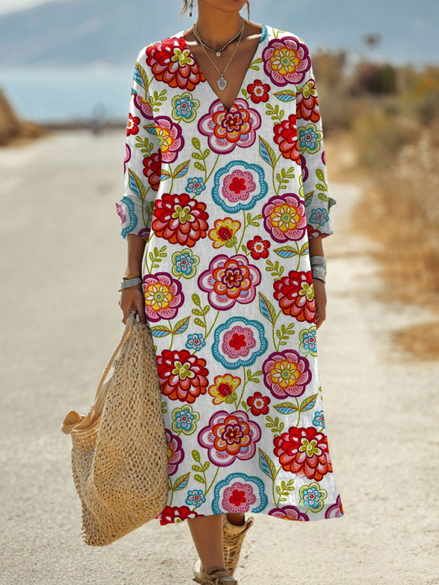 Women's  Vintage Flower  Art Print Pocket Cotton Dress