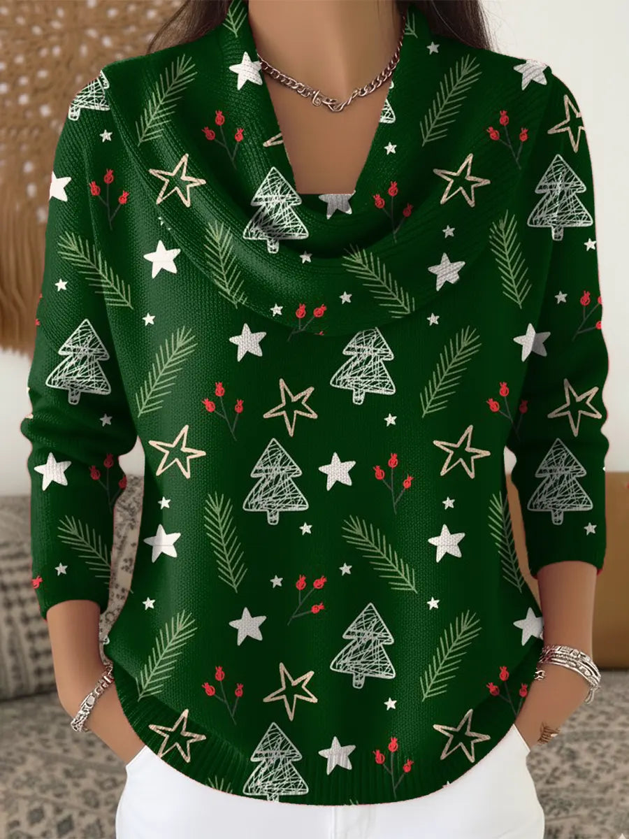 Women's Christmas Tree Art Print Cowl Neck Sweater