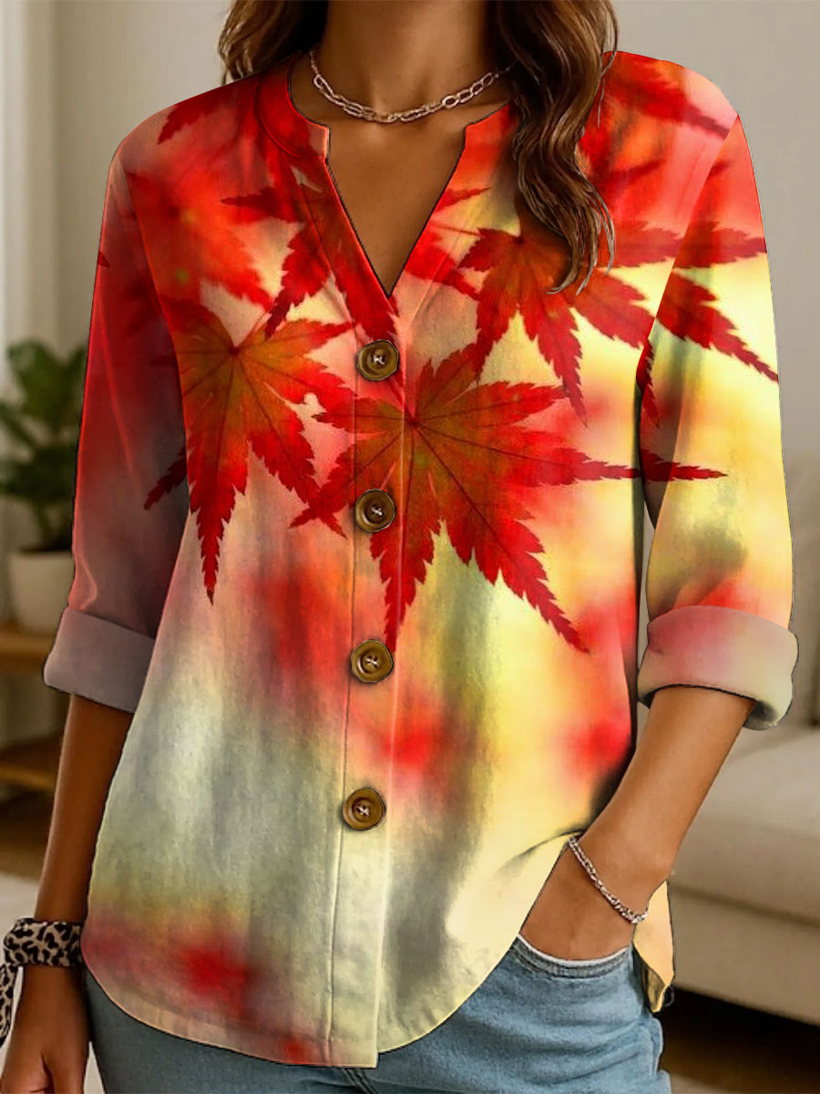 Women's Autumn Maple Leaves Pattern Print Casual Cotton And Linen Shirt