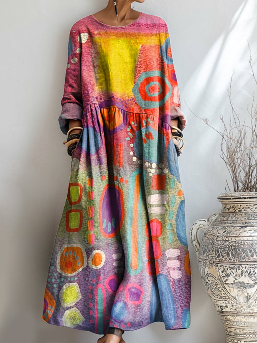 Women's Beautiful Abstract Multicolor Block Graffiti Art Print Pocket Cotton Dress