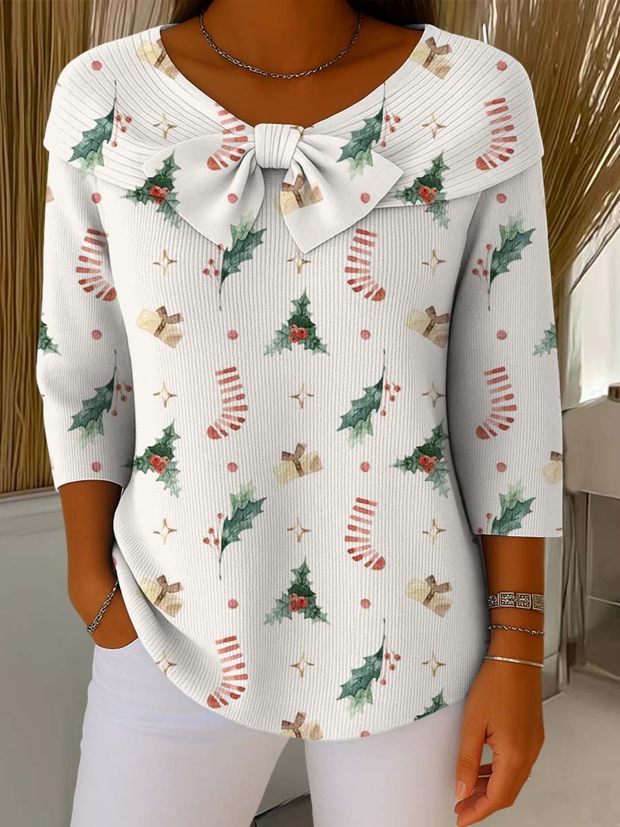 Women's Christmas Print Crew Neck 3/4 Sleeve Casual Pullover Sweater