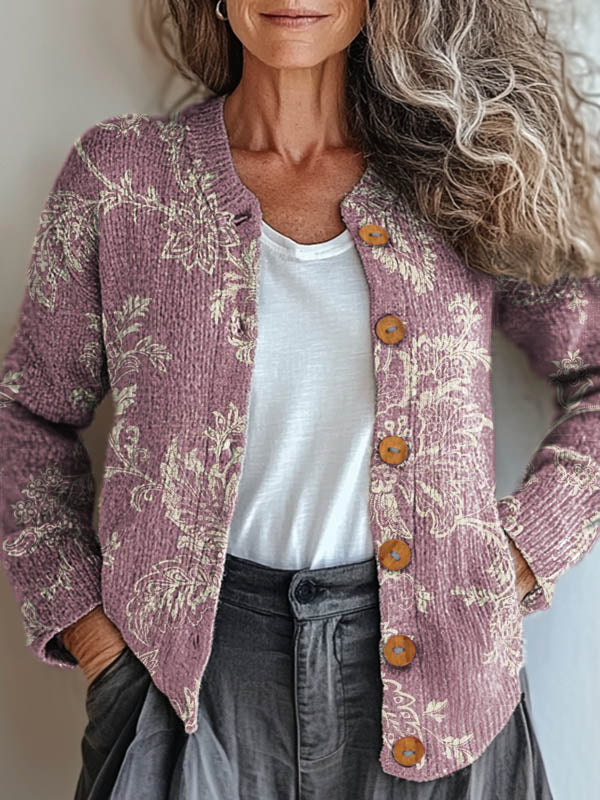 Women's Vintage Floral Art Print Buttoned Cardigan Sweater